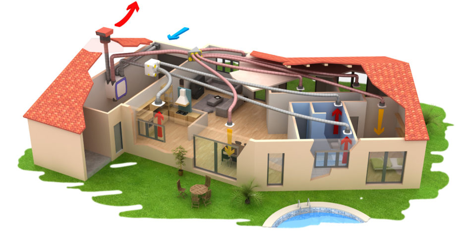 Maison en coupe : réseau de gaines de ventilation mécanique et circulation de l’air entre les pièces