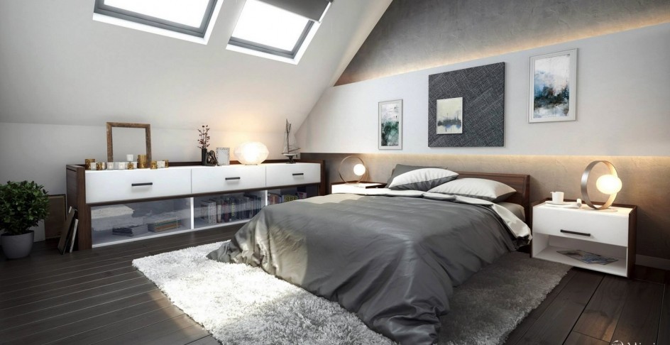 Aménagement de combles à Orléans : chambre mansardée avec deux fenêtres de toit