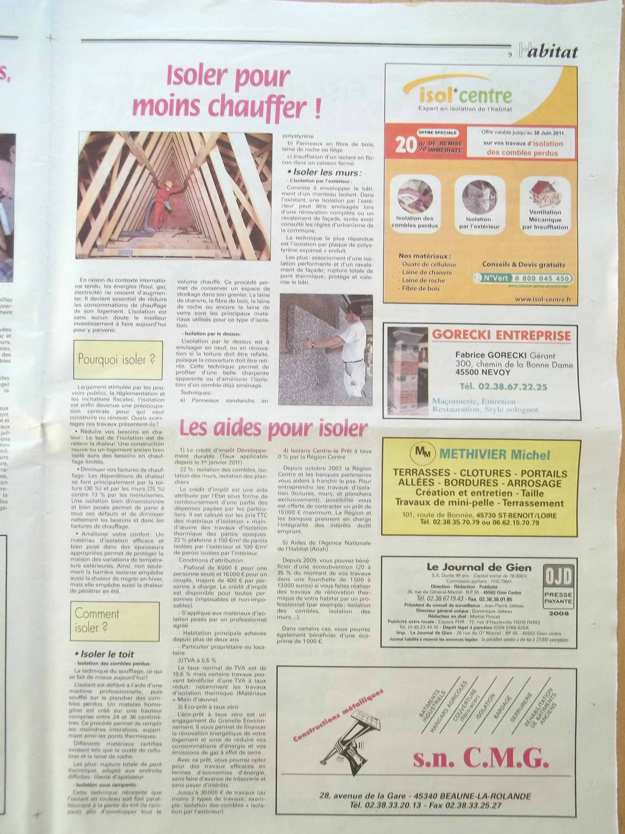 Le Journal de Gien : page « Isoler pour moins chauffer ! » avec l’encart d’Isol’Centre