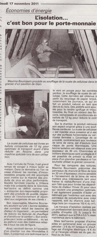 Le Journal de Gien du 17 novembre 2011 : « L’isolation… c’est bon pour le porte-monnaie »