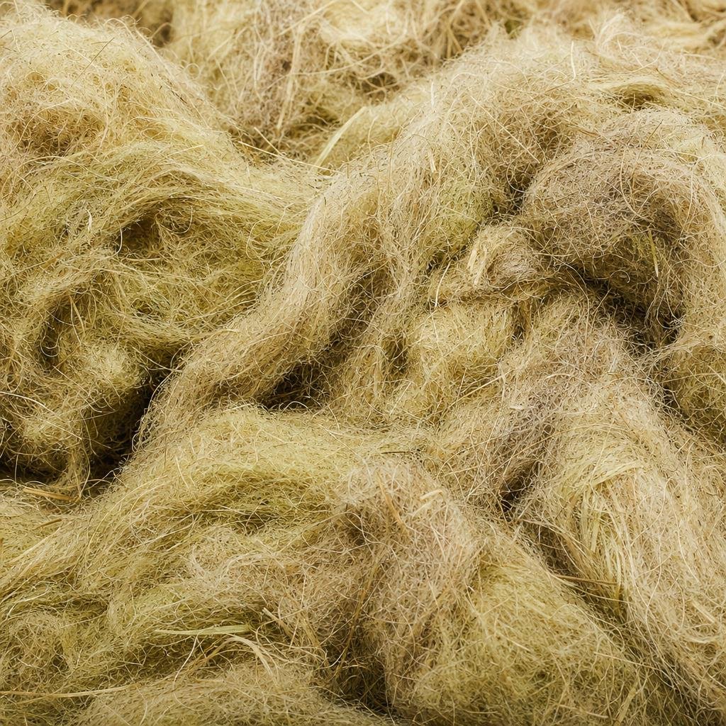 Gros plan sur les fibres vert doré de la laine de chanvre