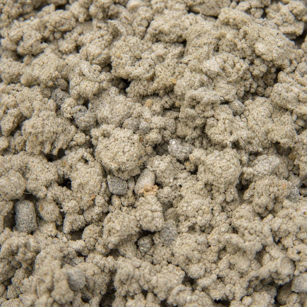 Gros plan sur les flocons gris de la ouate de cellulose, isolant biosourcé